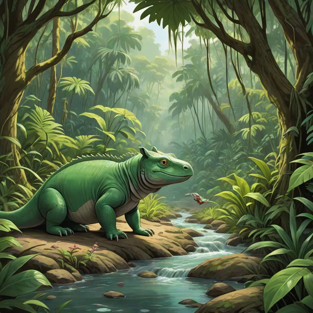 a green dinosaur in a jungle with a stream of water and trees in the background, with a fish in its mouth, fantasy art, a storybook illustration, Chris LaBrooy, storybook illustration