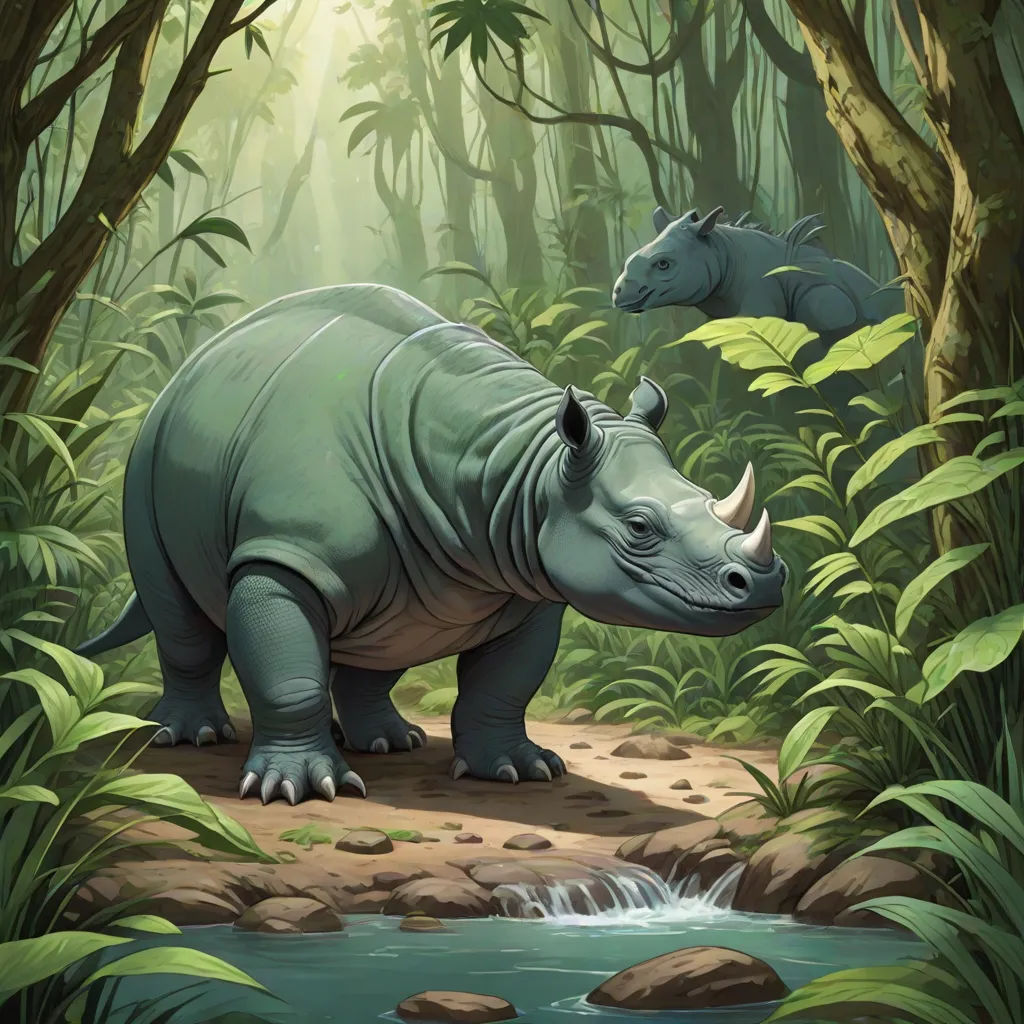 a rhinoceros and a rhinoceros in a jungle setting with a stream running through it and two rhinos in the background, sumatraism, an illustration of, Chris LaBrooy, magic the gathering artwork