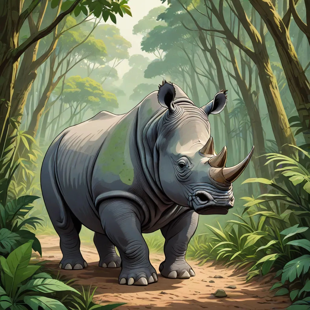 a rhino in a jungle with trees and bushes around it's sides and a path leading to it, altermodern, a storybook illustration, Chris LaBrooy, magic the gathering artwork