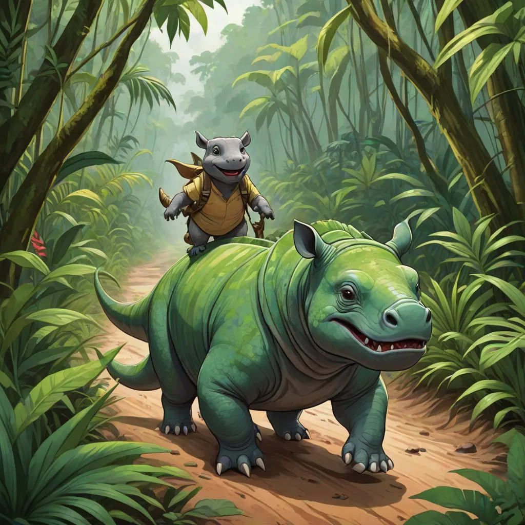a cartoon rhino and a rhinoceros in a jungle scene with a man on top of a rhino, altermodern, a storybook illustration, Adam Rex, magic the gathering artwork