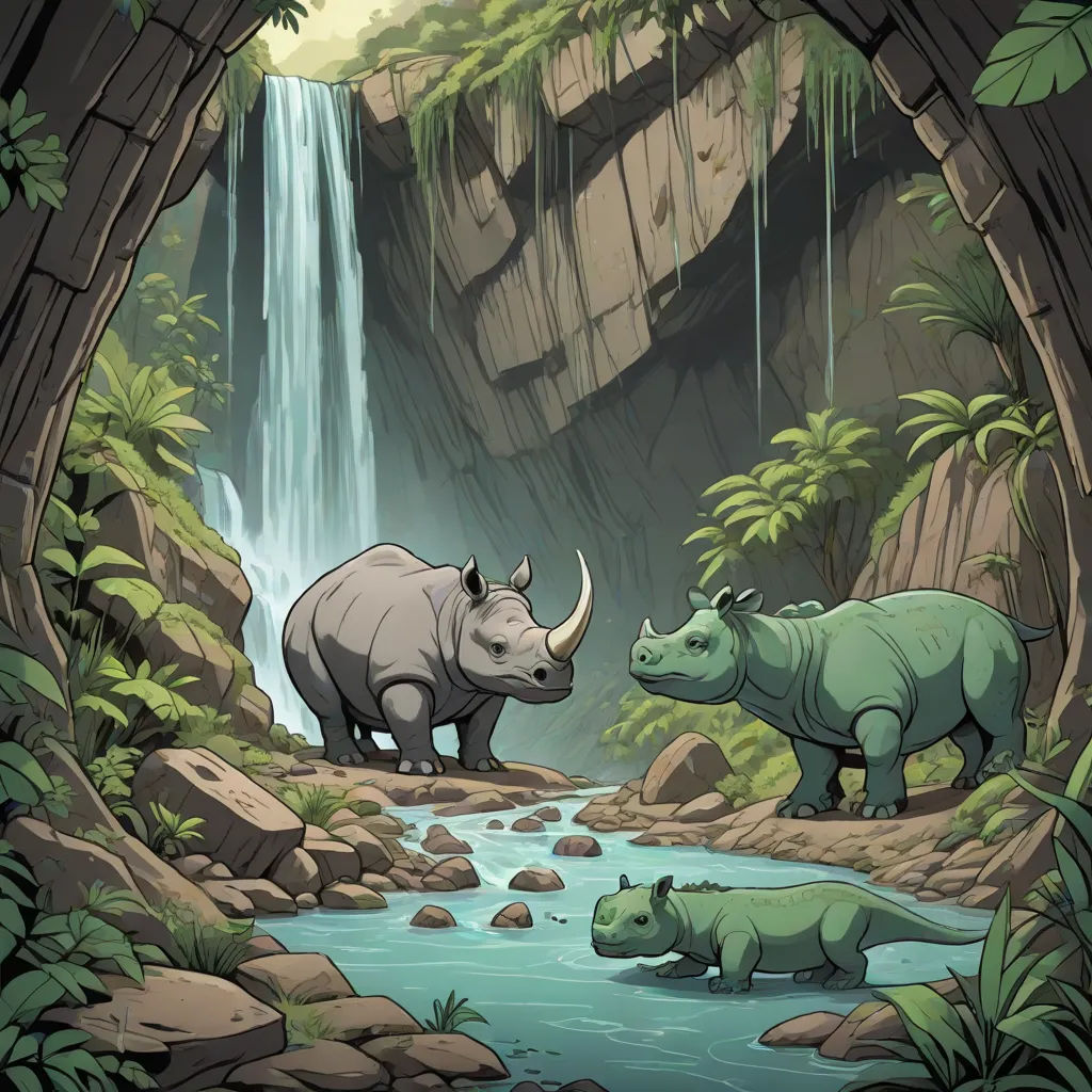 a rhino and rhinoceros are standing in a cave near a waterfall and a waterfall is in the background, naturalism, a storybook illustration, Chris LaBrooy, rossdraws global illumination