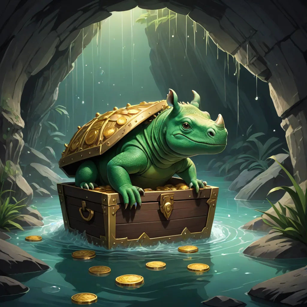 a turtle sitting on top of a chest in a cave with coins floating around it and a cave entrance behind it, fantasy art, concept art, Aquirax Uno, splash art