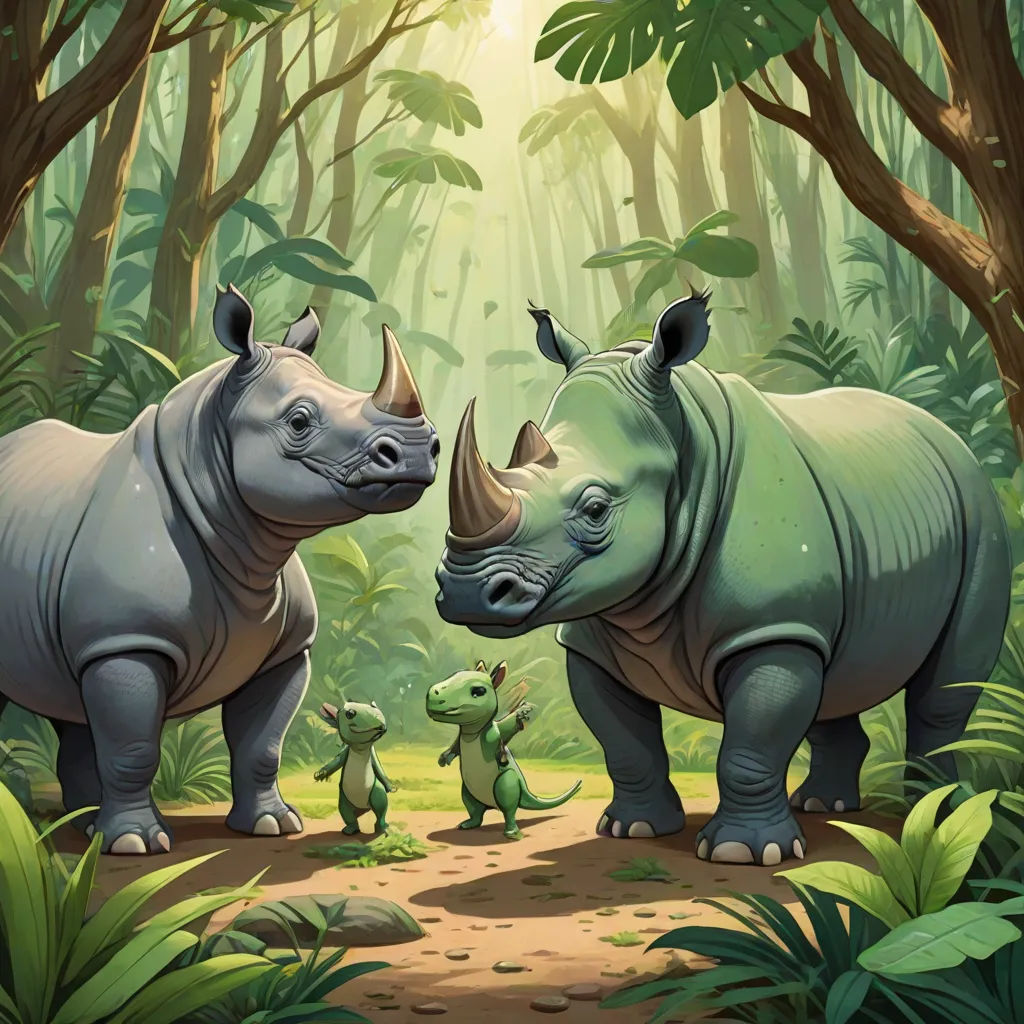 a couple of rhinos standing in a forest with a baby rhino in the foreground and an adult rhino in the background, altermodern, a storybook illustration, Chris LaBrooy, official art