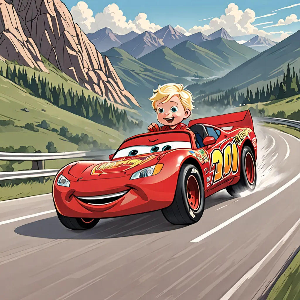 a cartoon character driving a red car down a road with mountains in the background and a sky with clouds, sots art, concept art, Charles Fremont Conner, official art