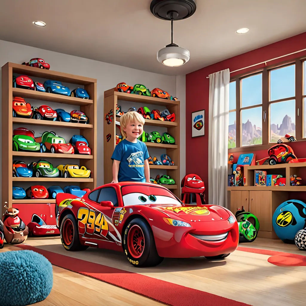 a child's bedroom with a red car and toys on the floor and shelves with toys on them, photorealism, a 3D render, Chris LaBrooy, pixar and disney animation