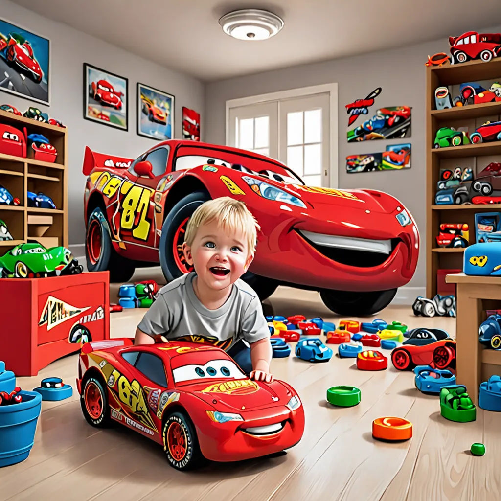 a boy is smiling in his room with cars on the floor and toys on the floor in the room, photorealism, a 3D render, Chris LaBrooy, ultra realistic digital art