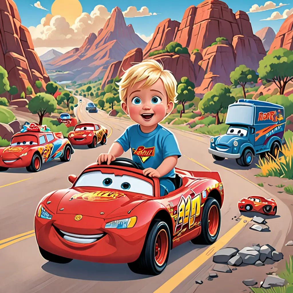 a boy riding a red car in the middle of a road with cars around him and mountains in the background, sots art, a stock photo, Charles Fremont Conner, pixar and disney animation