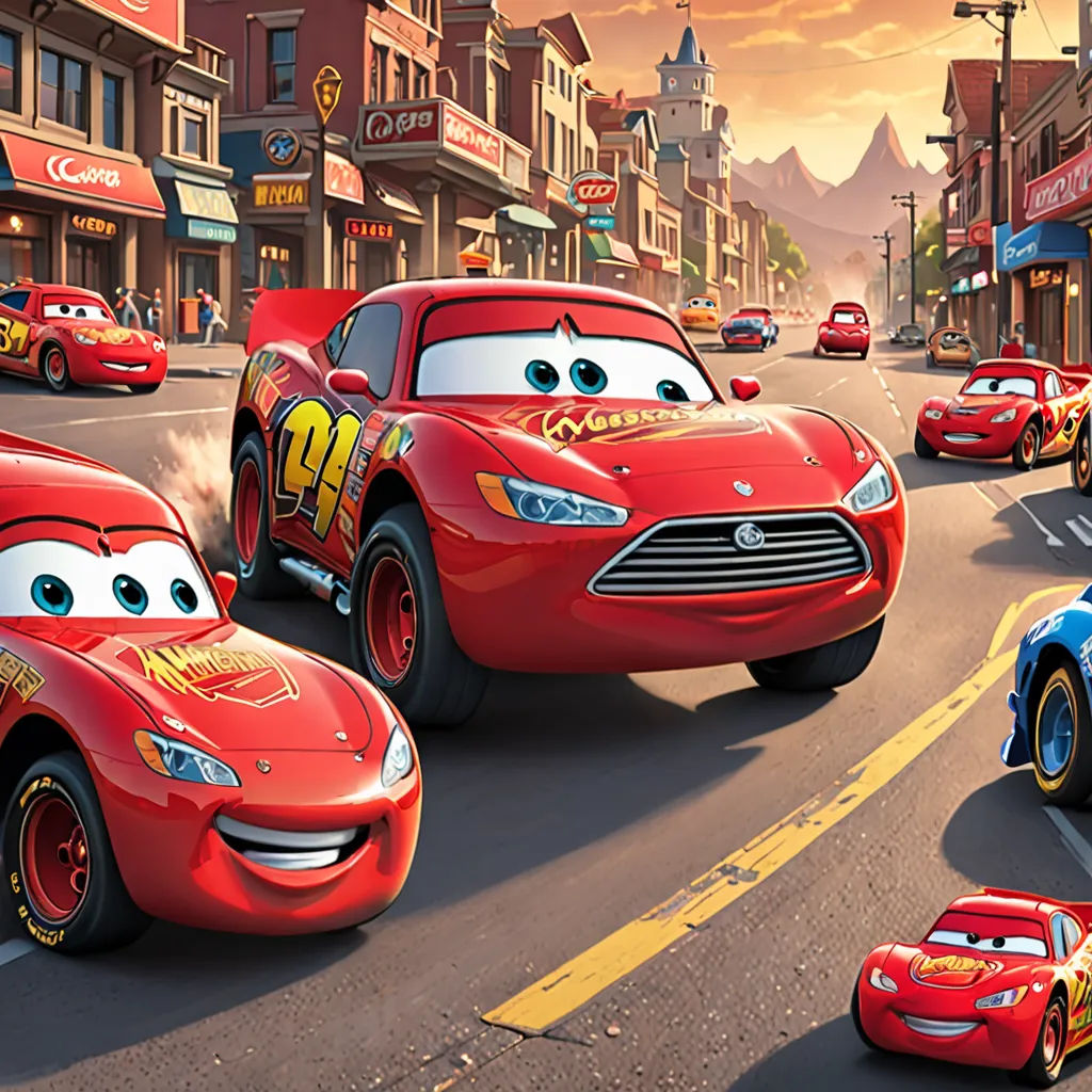 a cartoon character is driving a car in the street with other cars in the street behind him and a city street with cars lined up on both sides, excessivism, concept art, disney, pixar and disney animation