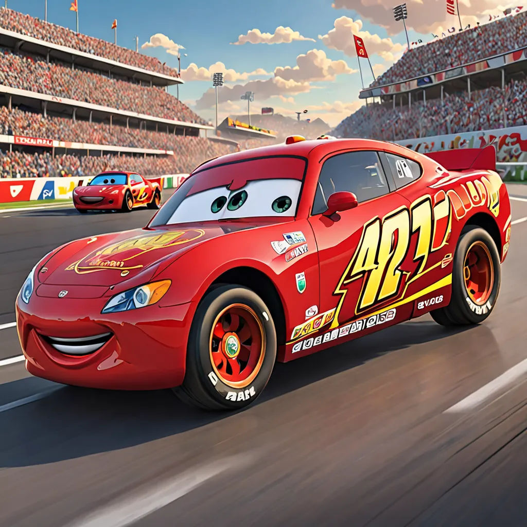 a cartoon character driving a red car on a track with a crowd of people watching from the stands in the stands, photorealism, a digital rendering, Cornelisz Hendriksz Vroom, promotional image