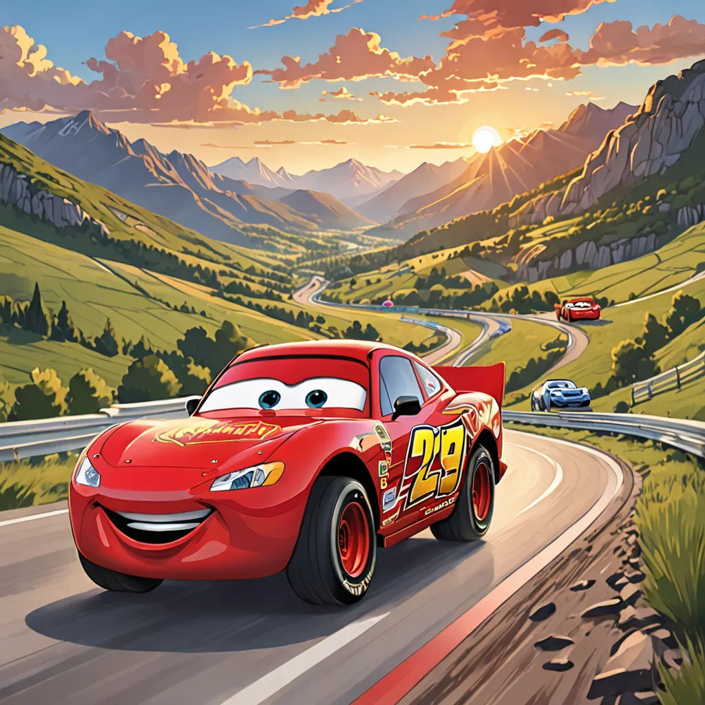 a cartoon character is driving a red car on a road with mountains in the background and a sunset behind him, sots art, a digital rendering, Cliff Childs, official art