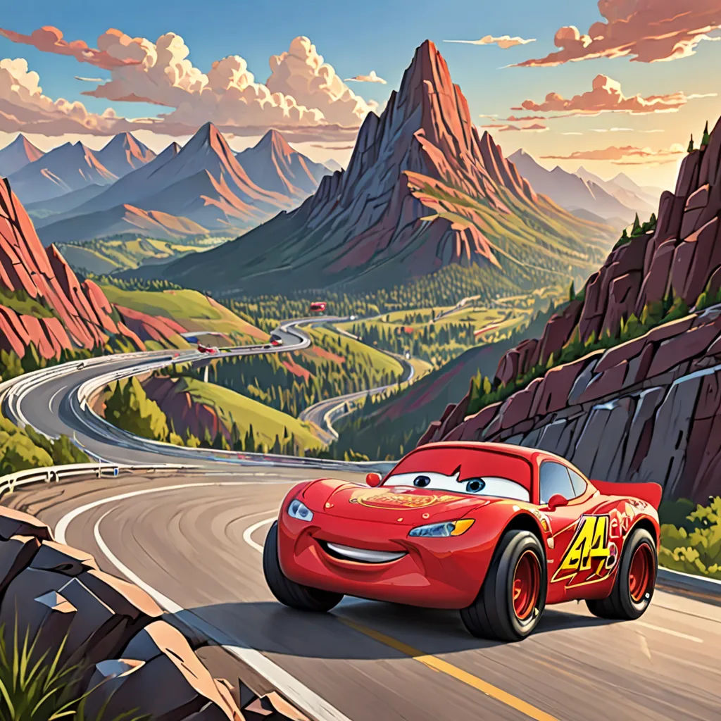 a cartoon character driving a red car down a mountain road with mountains in the background and clouds in the sky, sots art, a detailed matte painting, Cliff Childs, official art
