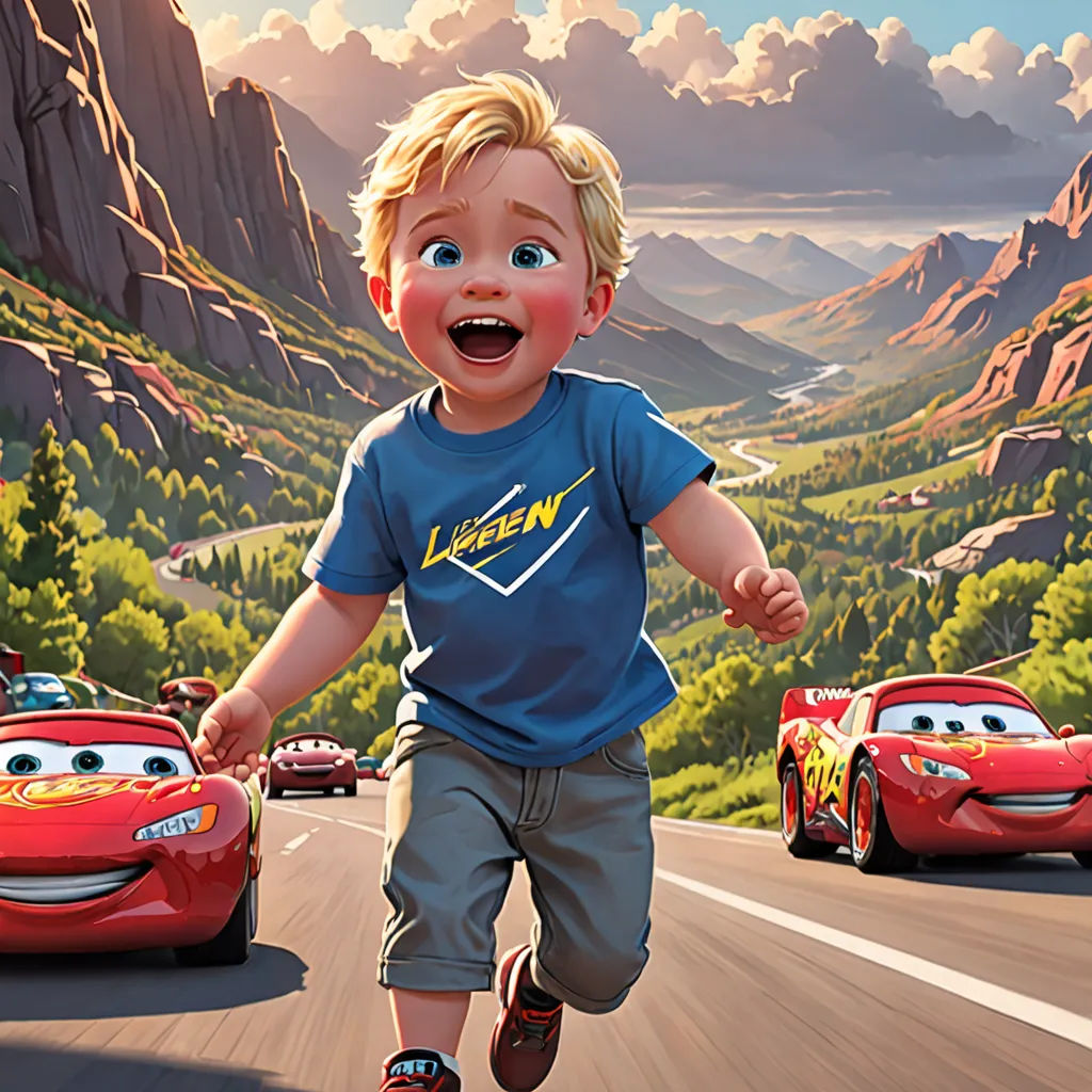 a boy running down a road with cars in the background and a mountain range in the background with clouds, photorealism, poster art, Erlund Hudson, pixar and disney animation