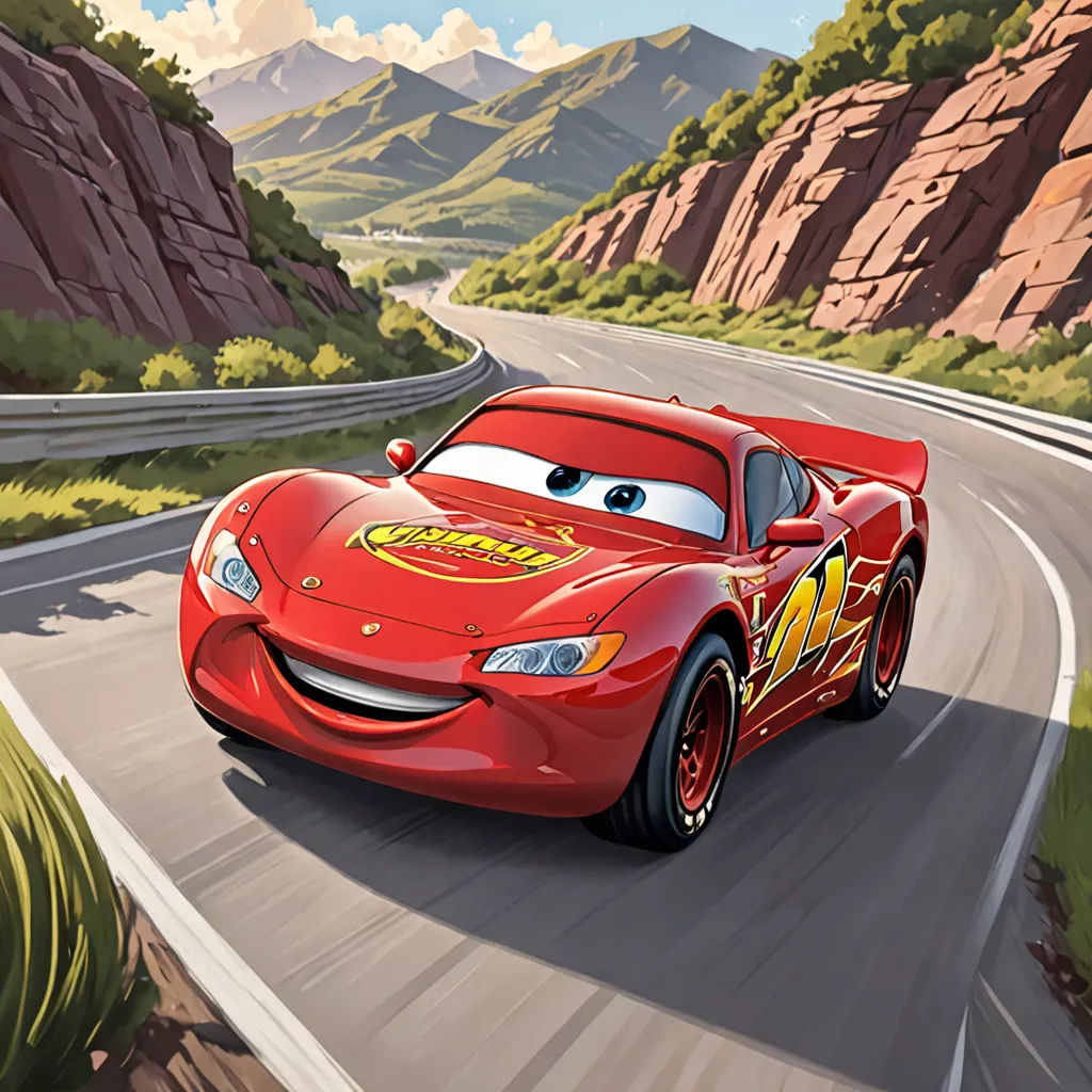 a cartoon character driving a red car down a road with mountains in the background and a sky background with clouds, sots art, vector art, Eddie Mendoza, official art