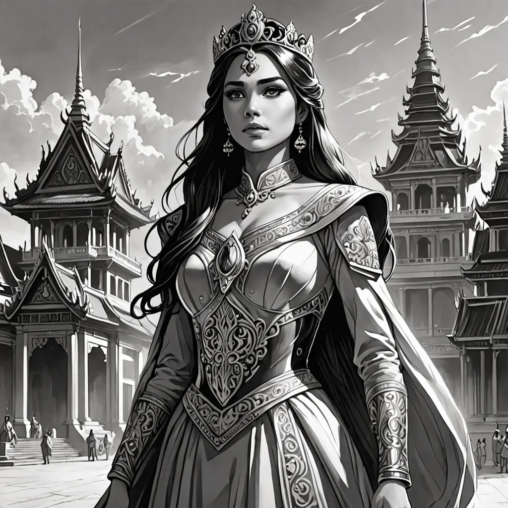 a woman in a dress and crown standing in front of a castle with a castle in the background and clouds in the sky, Chris Rallis, fantasy art, an ultrafine detailed painting, stanley artgerm lau