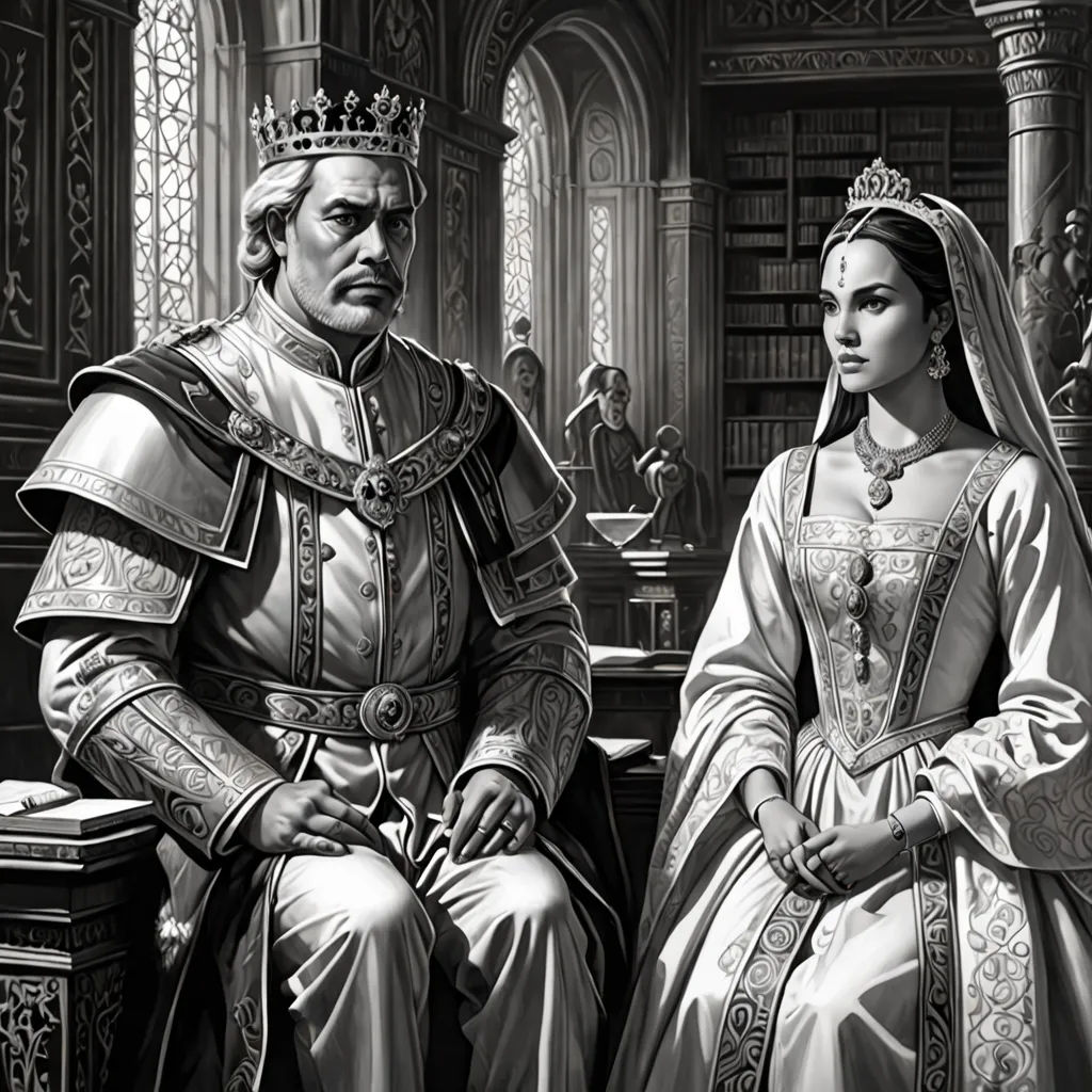 a black and white drawing of a man and woman in medieval dress sitting next to each other in a library, Donato Giancola, fantasy art, an ultrafine detailed painting, regal