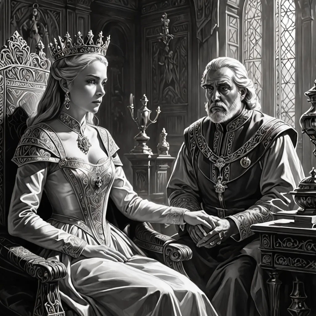 a man and woman sitting next to each other in a room with a chess board and a chess set, Donato Giancola, fantasy art, an ultrafine detailed painting, fantasy artwork