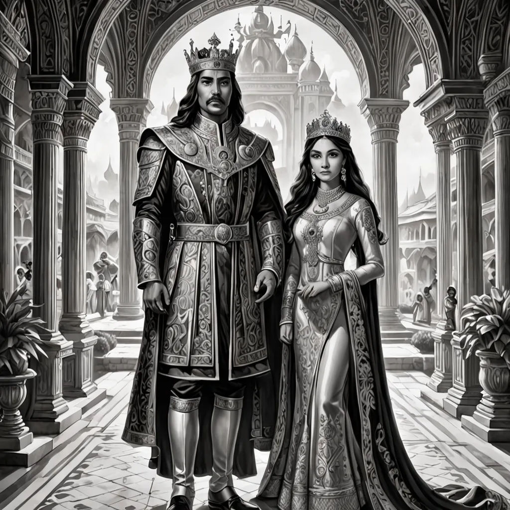 a man and woman dressed in medieval clothing standing in a courtyard with arches and columns, all dressed in elaborate clothing, Altoon Sultan, fantasy art, an ultrafine detailed painting, official art