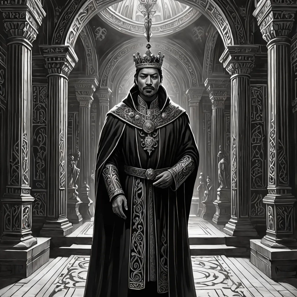 a man in a black and white image wearing a crown and a robe with a cross on it, standing in a hall, Donato Giancola, fantasy art, an ultrafine detailed painting, epic fantasy character art