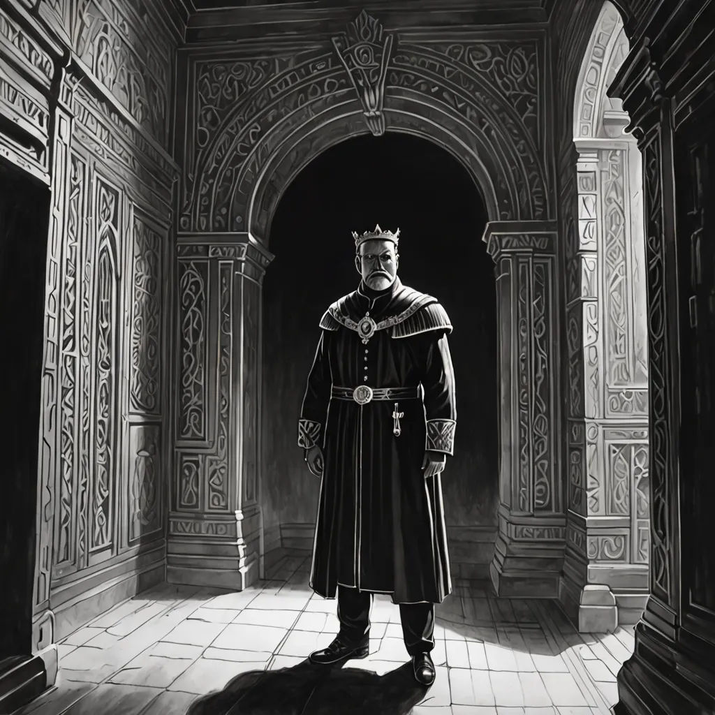 a man in a crown standing in a hallway with a doorway and a doorway way behind him is a doorway, Donato Giancola, sots art, an ultrafine detailed painting, regal
