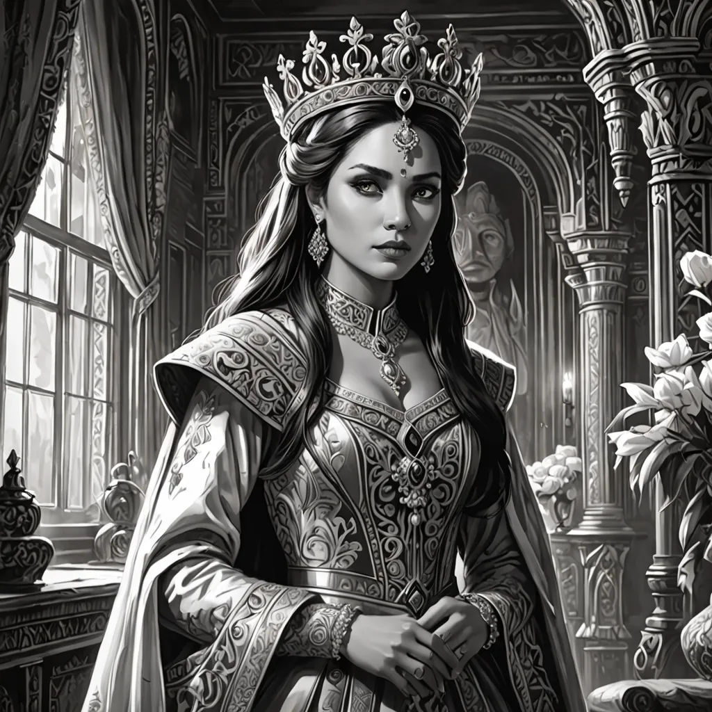 a woman in a medieval dress and crown standing in a room with flowers and a window behind her, looking at the viewer, Chris Rallis, fantasy art, an ultrafine detailed painting, regal