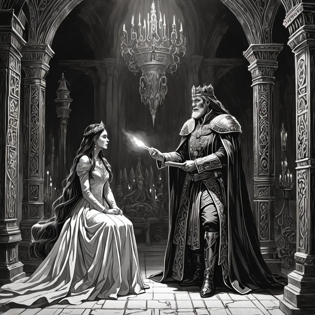 a man and woman in medieval dress are talking to each other in a castle like setting with chandeliers, Donato Giancola, fantasy art, a storybook illustration, dark fantasy art