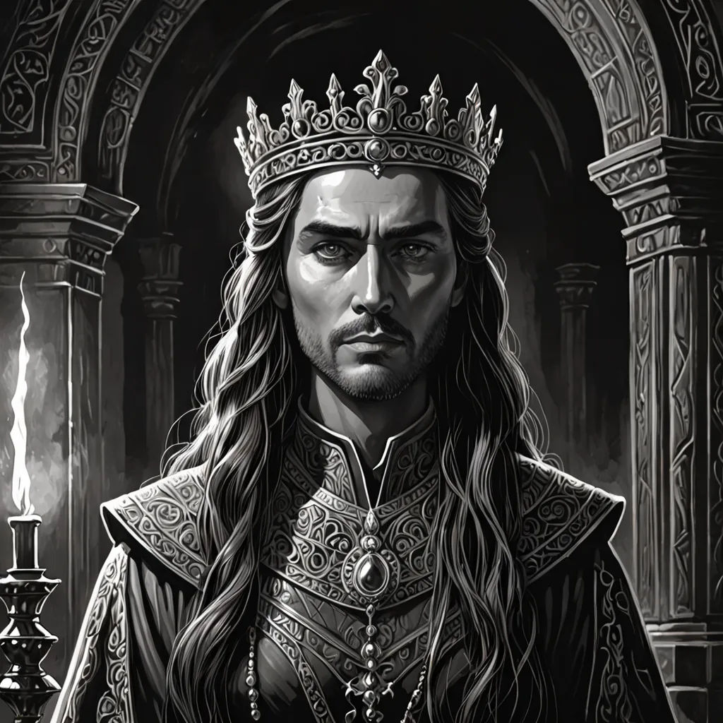 a man in a crown and a sword in his hand, with a black background and a white background, Dirk Crabeth, fantasy art, a character portrait, epic fantasy character art