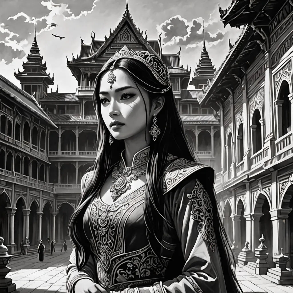 a woman in a black and white photo with a dragon in the background and a castle in the background, Chris Rallis, fantasy art, an ultrafine detailed painting, stanley artgerm lau