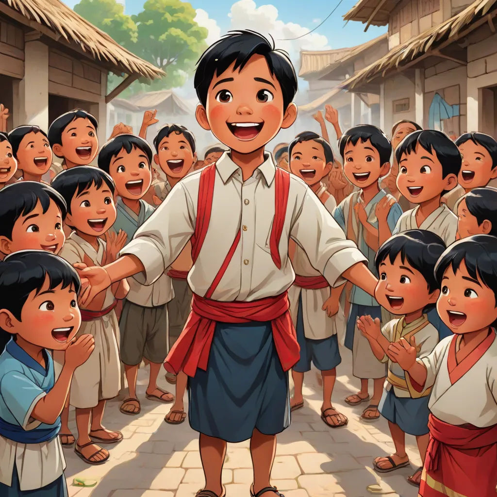 a man standing in front of a group of children in a village with a boy in the middle of the picture, samikshavad, a storybook illustration, Fernando Amorsolo, official art