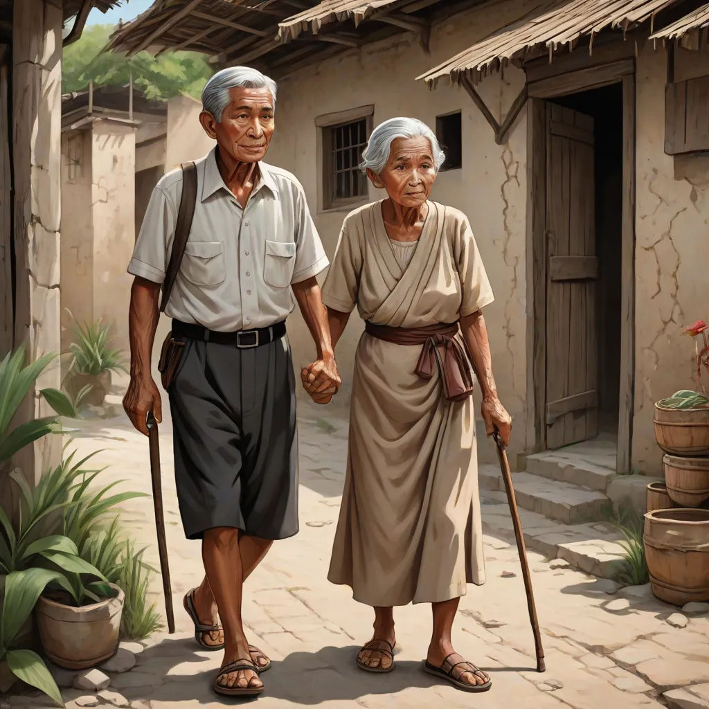 a painting of an elderly couple walking down a street holding hands and holding canes, with a house in the background, american scene painting, a detailed painting, Christophe Vacher, stanley artgerm lau