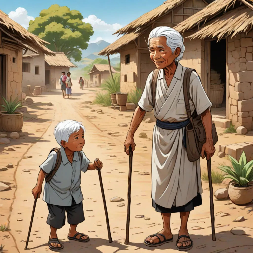 a man and a boy standing in front of a village with thatched roofs and a dirt road with people walking on it, magical realism, a storybook illustration, Byeon Sang-byeok, official art