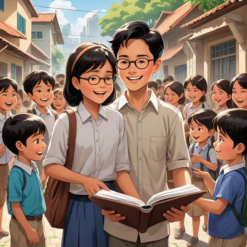 a man and woman standing in front of a group of children holding a book in front of them with a boy in the background, serial art, a storybook illustration, David Park, official art