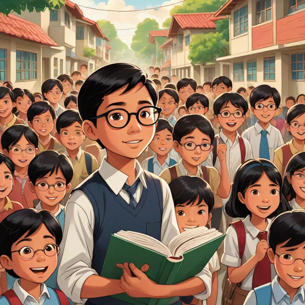 a man holding a book in front of a group of children in school uniforms and glasses, with a background of houses, bengal school of art, a storybook illustration, Basuki Abdullah, graphic novel