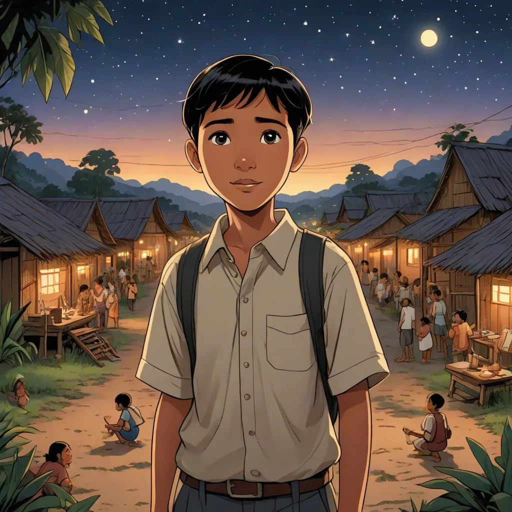 a boy standing in front of a village at night with a full moon in the sky above him and people sitting on the ground, serial art, a comic book panel, Basuki Abdullah, graphic novel