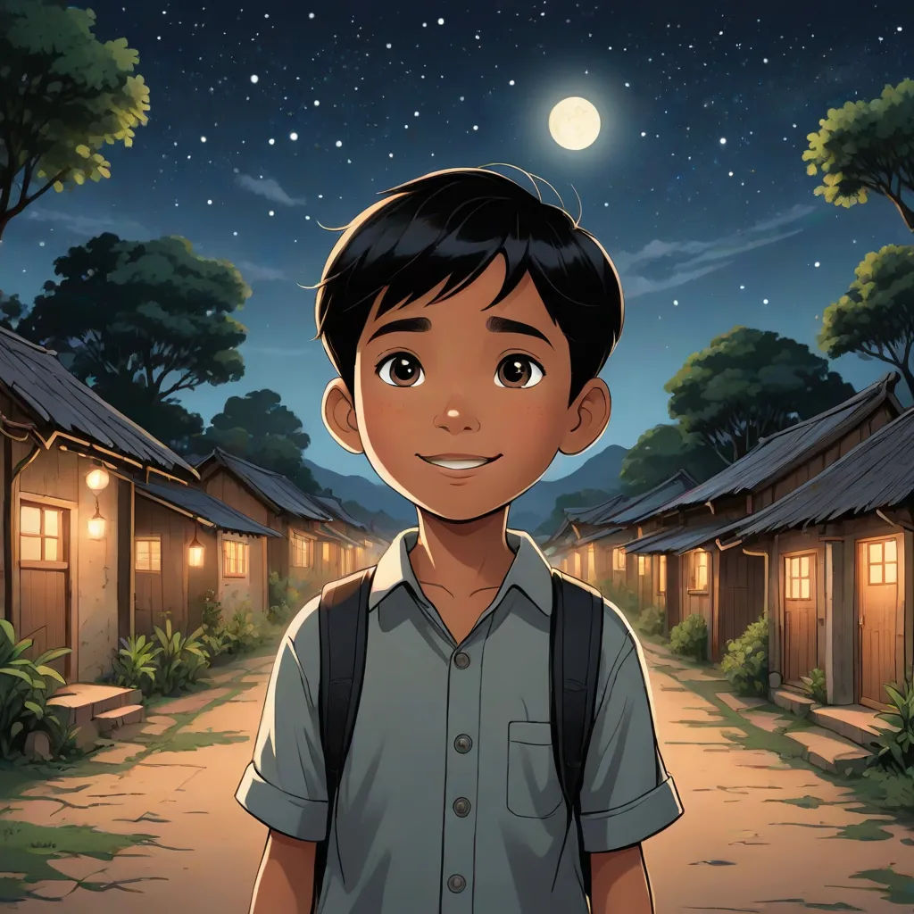 a boy standing in front of a village at night with a full moon in the sky above him and a path leading to a building, magical realism, a storybook illustration, Basuki Abdullah, official art