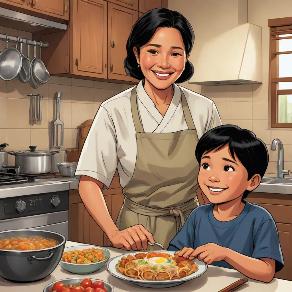 a woman and a boy are in the kitchen preparing food together, and smiling at the camera, with a plate of food on the counter, lyco art, a storybook illustration, Basuki Abdullah, storybook illustration