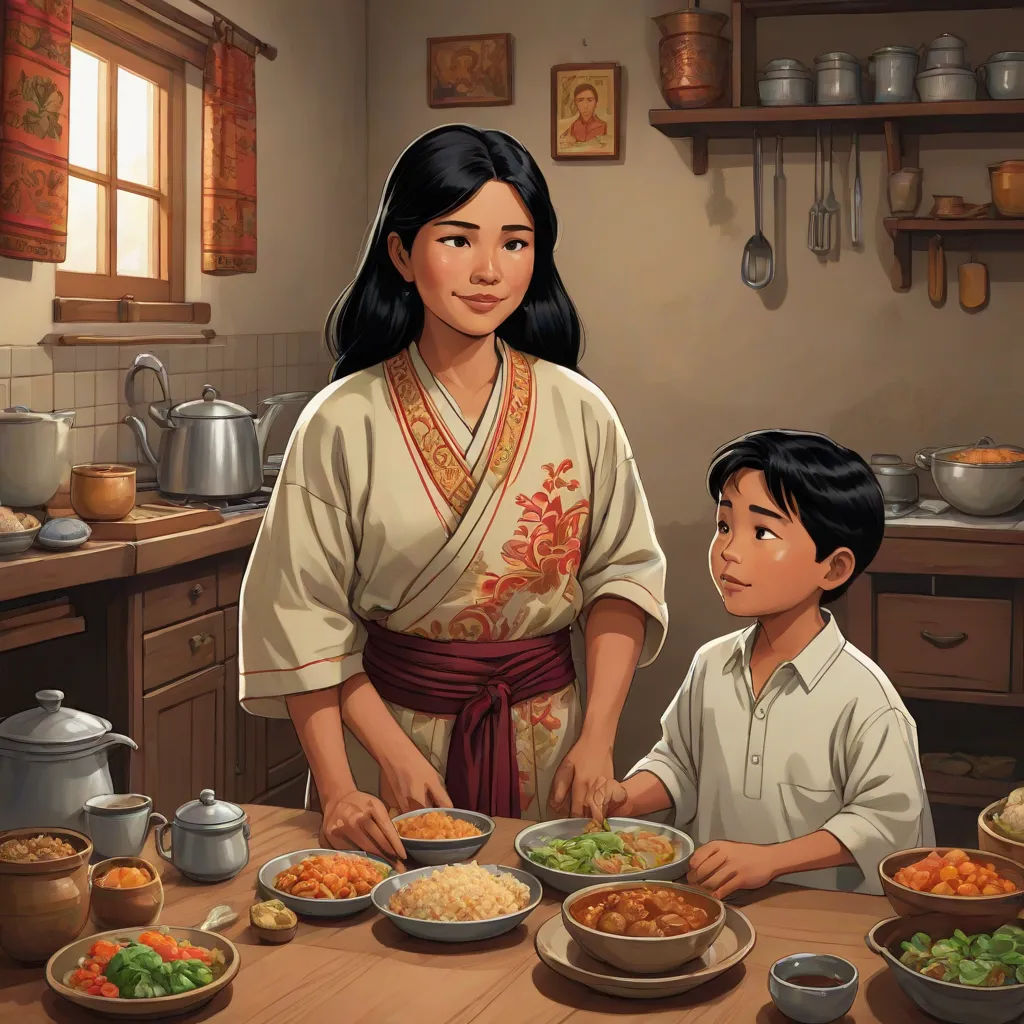 a woman and a boy are preparing food in a kitchen together, with bowls of food on the table, sots art, a storybook illustration, Byeon Sang-byeok, official art