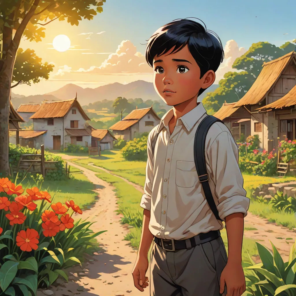 a boy standing in front of a flower garden with a village in the background and a sun setting behind him, american scene painting, a storybook illustration, Aaron Jasinski, official art