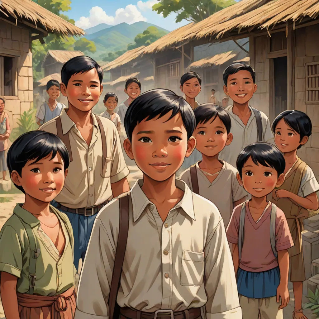 a group of children standing in front of a village with a boy in the middle of the picture and a man in the background, fantastic realism, a storybook illustration, Ding Guanpeng, graphic novel