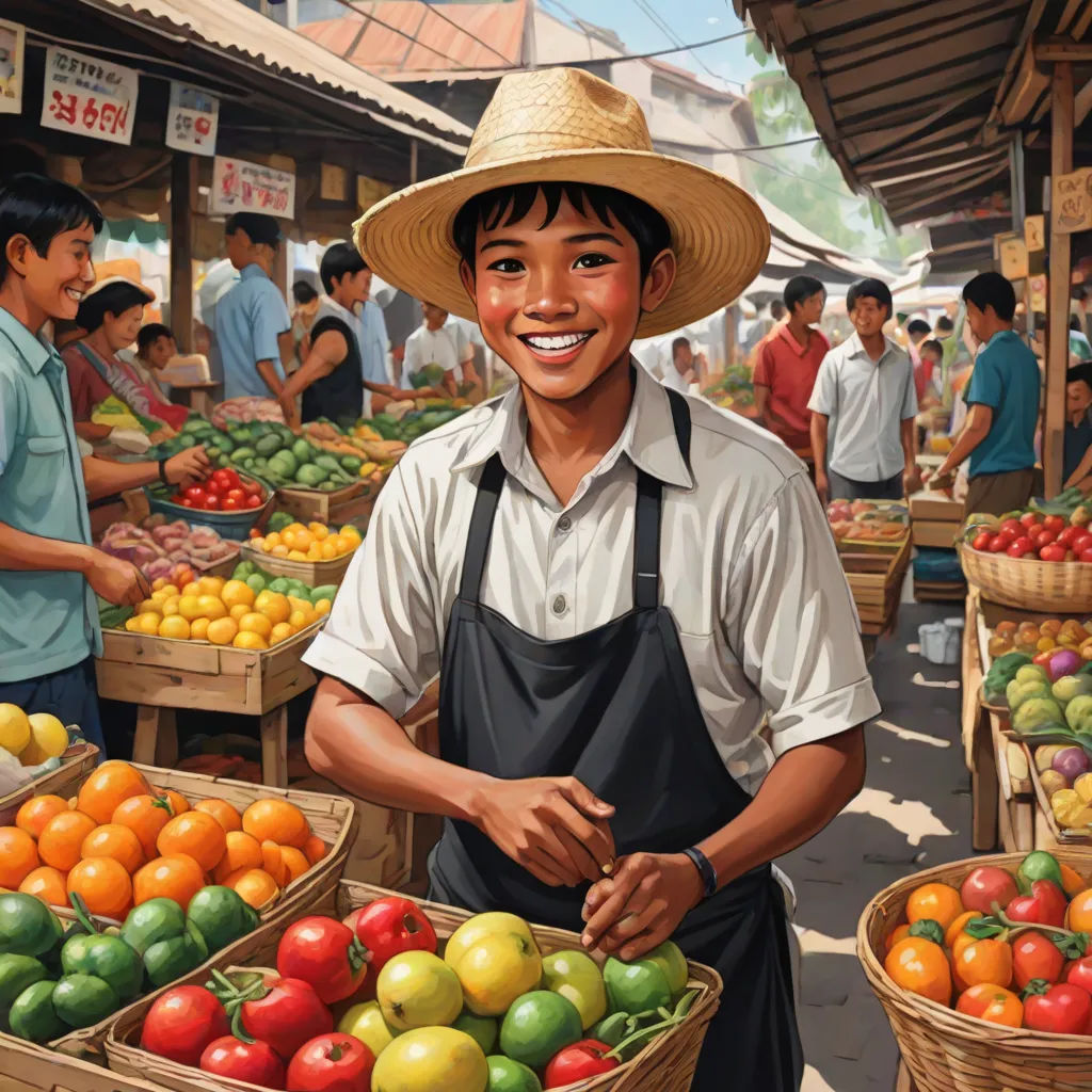 a painting of a man standing in front of a fruit stand with a hat on his head and a basket of fruit in front of him, fantastic realism, a storybook illustration, Bob Byerley, highly detailed digital painting