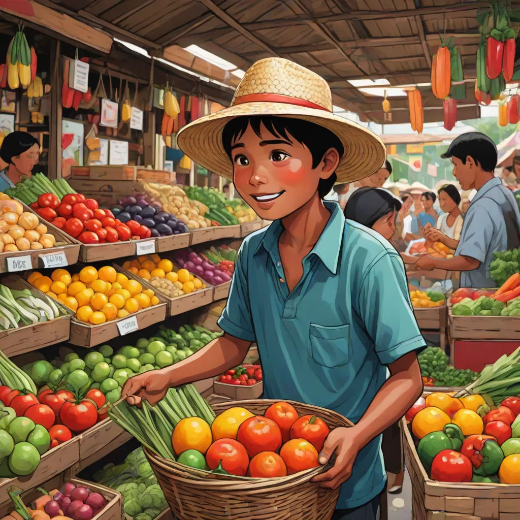 a man holding a basket of fruit in a market area with other people in the background and a man in a straw hat, photorealism, a storybook illustration, Asaf Hanuka, storybook illustration