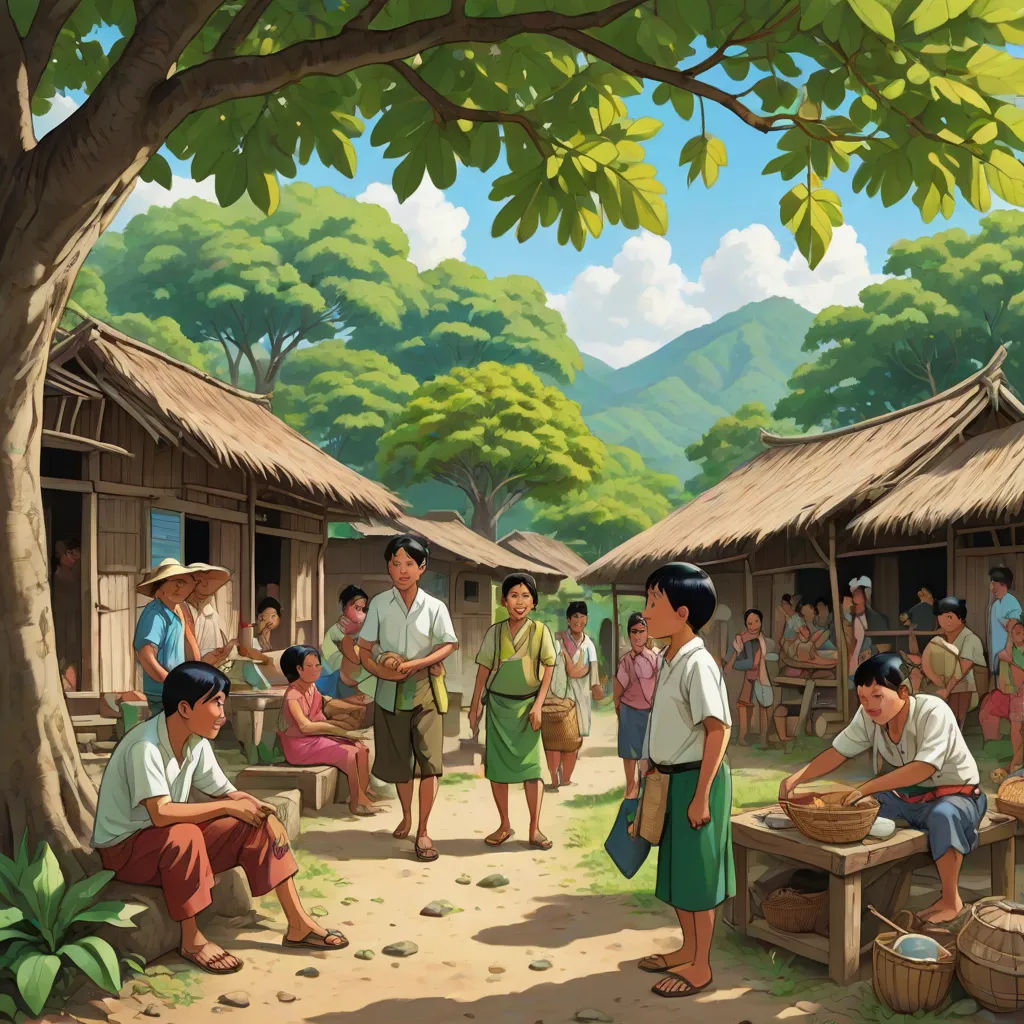 a painting of a village with people sitting and standing around a tree and a man standing in front of a hut, american scene painting, a storybook illustration, Ding Guanpeng, official art