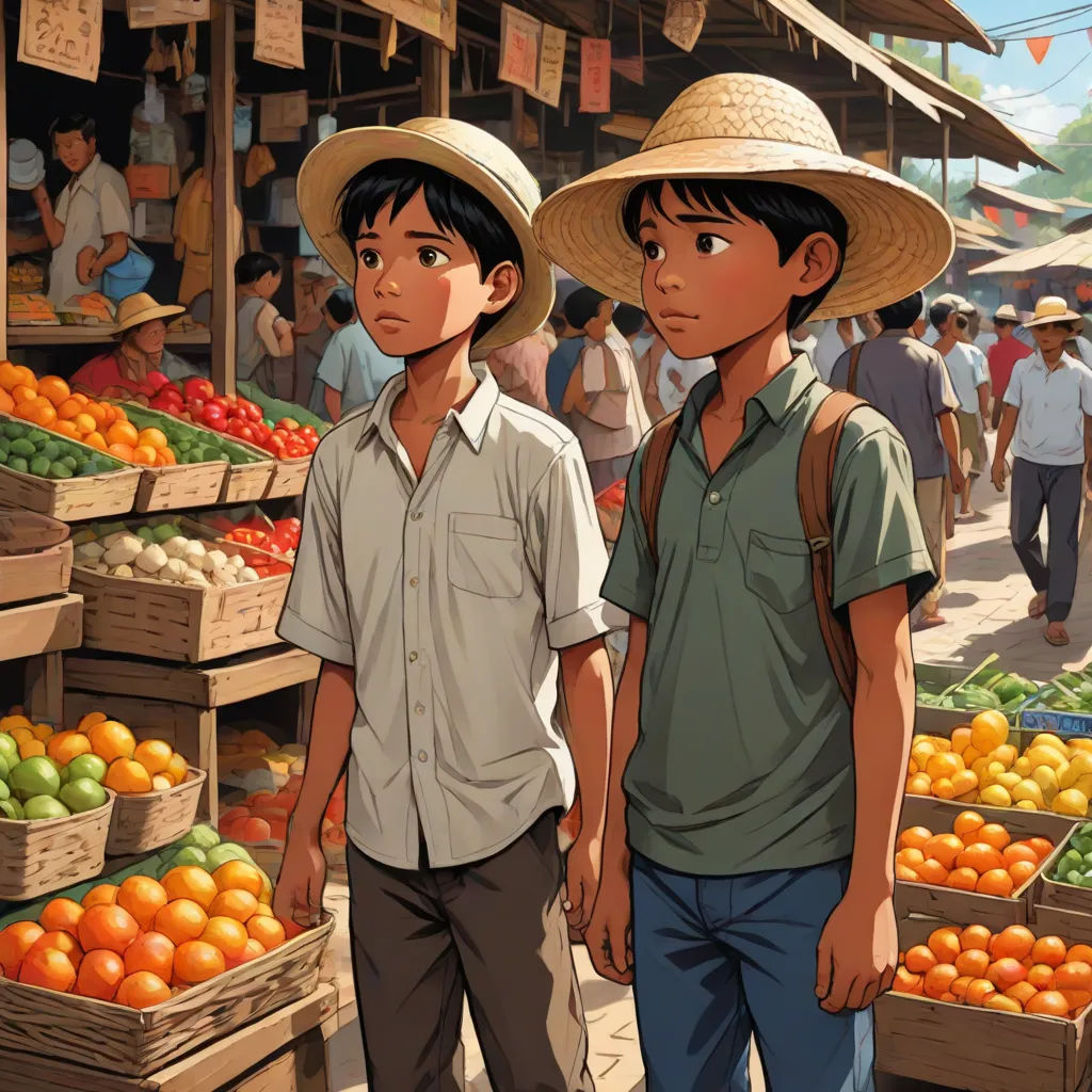 two young boys standing in front of a fruit stand with oranges and other fruit in baskets on the ground, photorealism, a comic book panel, Brothers Hildebrandt, official art