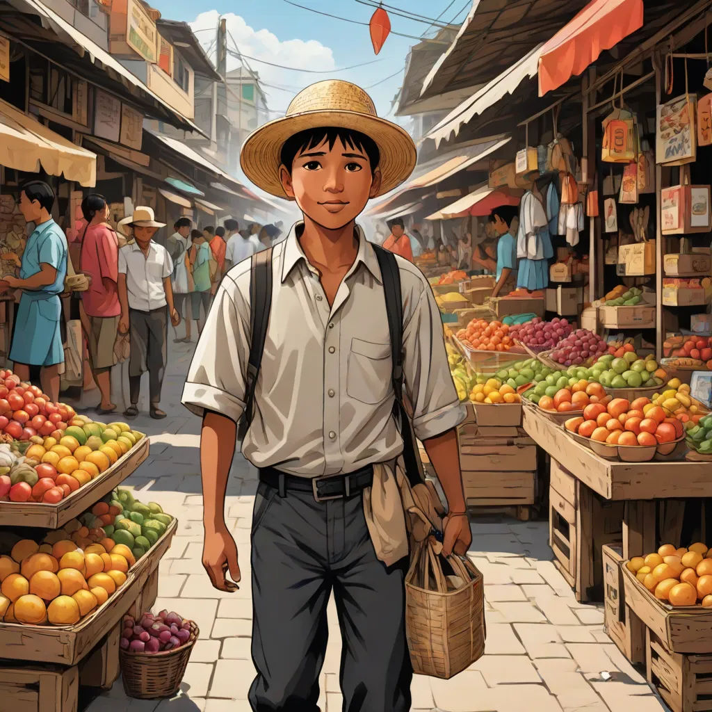 a man in a hat is walking through a market with a basket of fruit in his hand and a lot of people in the background, magical realism, a comic book panel, Fernando Amorsolo, comic cover art