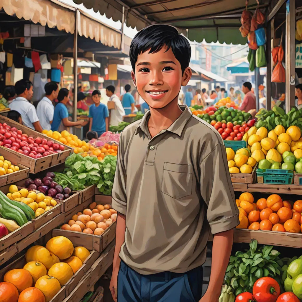 a boy standing in front of a fruit stand with a smile on his face and a lot of fruit, photorealism, a storybook illustration, Aaron Jasinski, highly detailed digital painting