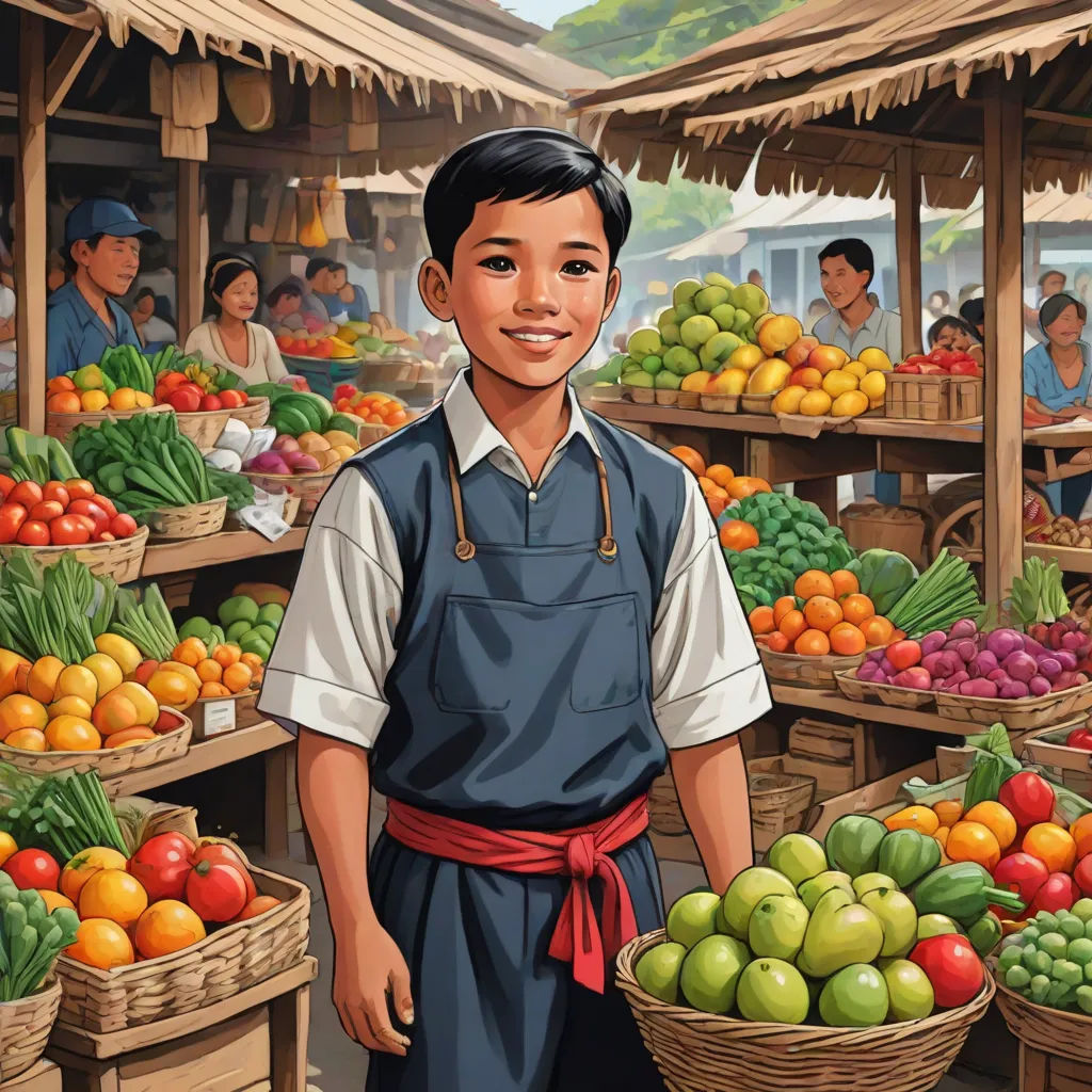 a man standing in front of a fruit stand with a basket of fruit in front of him and a woman in the background, socialist realism, a storybook illustration, Fernando Amorsolo, storybook illustration