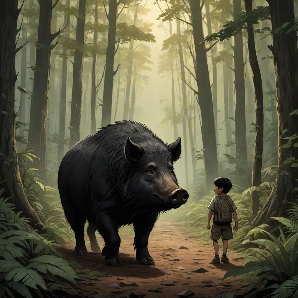 a boy is standing in the woods with a large boar in front of him and a large boar in the background, magical realism, a storybook illustration, Brom, official art