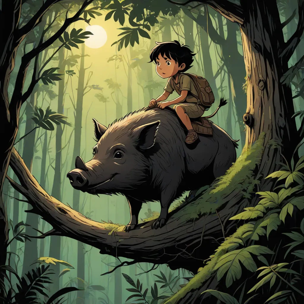 a boy riding on the back of a boar in a forest with a full moon in the background and a tree trunk, fantasy art, a storybook illustration, Diego Gisbert Llorens, official art