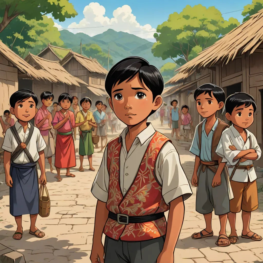 a cartoon of a boy standing in front of a group of people in a village with a mountain in the background, sots art, a storybook illustration, Dustin Nguyen, official art