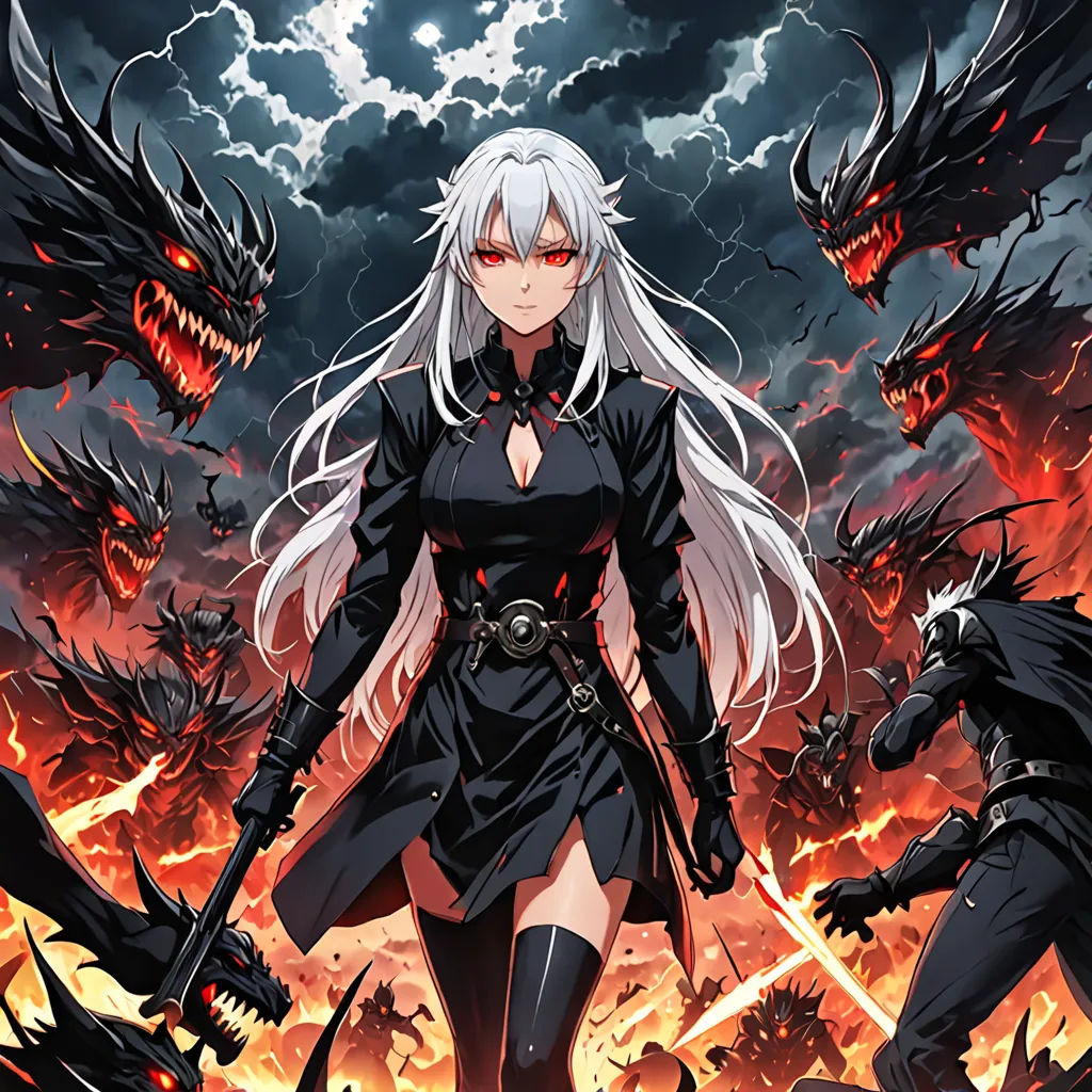 a woman in black with white hair and a sword in front of a demon demon demon demon, anime, anime, anime girl, black, white hair, white hair, demon, gothic art, poster art, Eizan Kikukawa, anime key visual