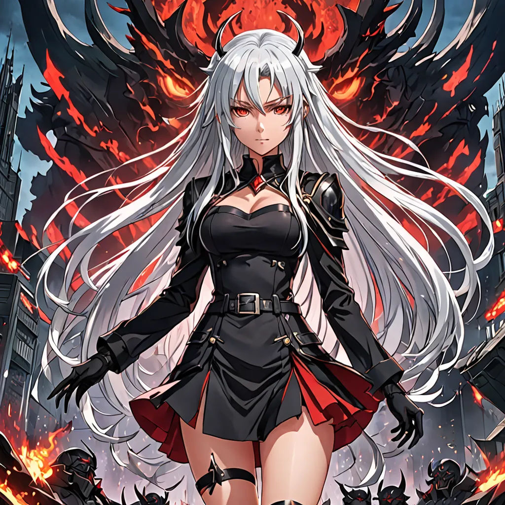 a woman in a black outfit with white hair and a sword in her hand, standing in front of a fire, sots art, poster art, Eizan Kikukawa, anime key visual